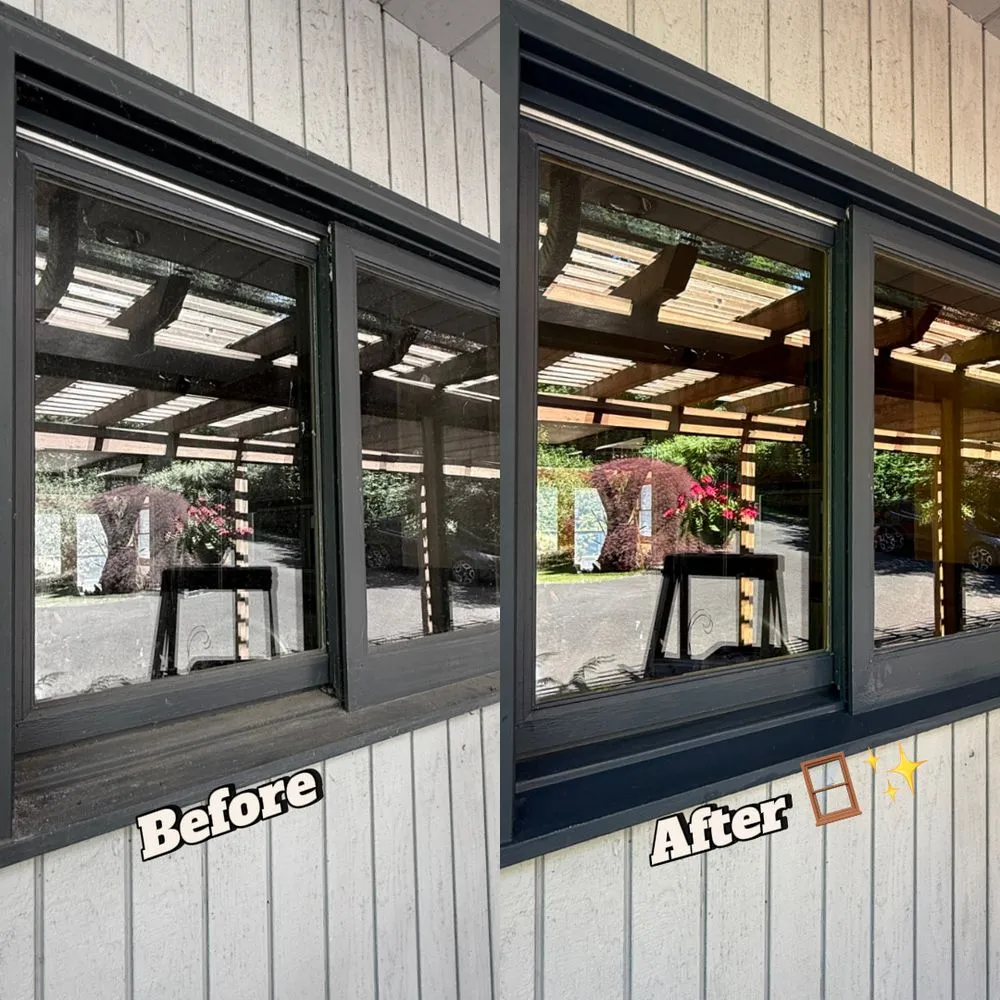 Before and after window cleaning — bright, streak-free glass