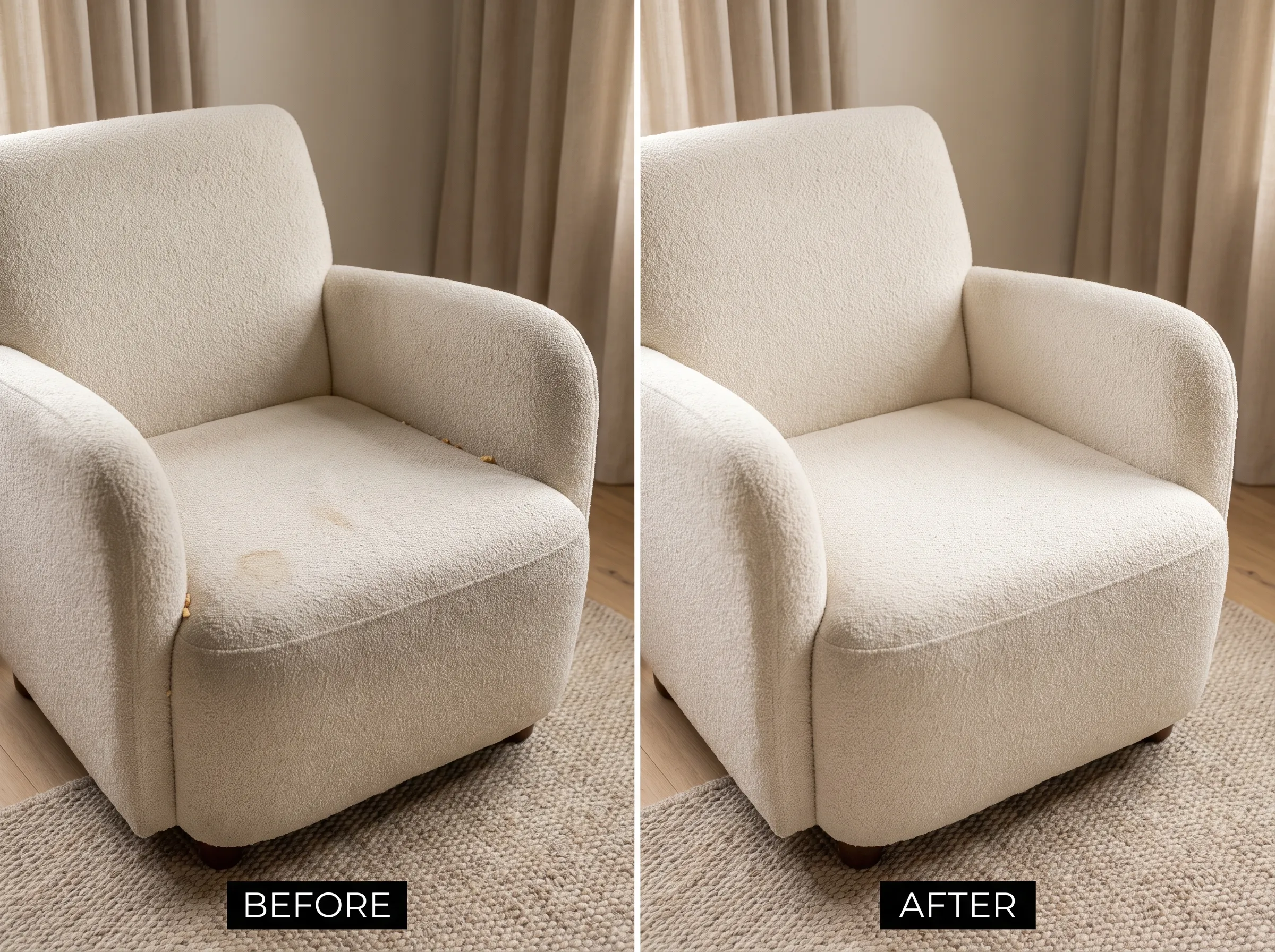 Before and after cleaning of a cream bouclé armchair