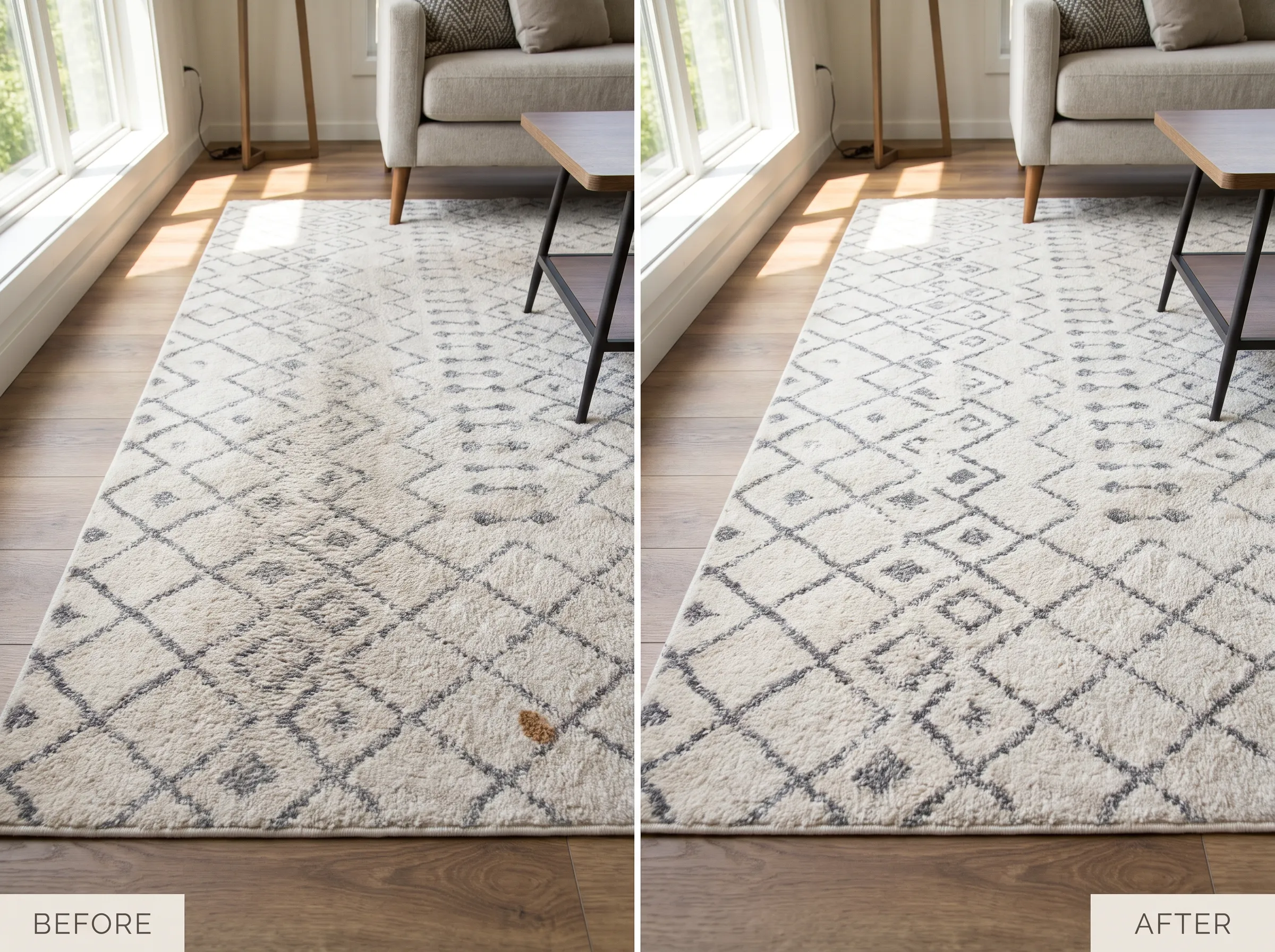Before and after cleaning of a patterned diamond area rug