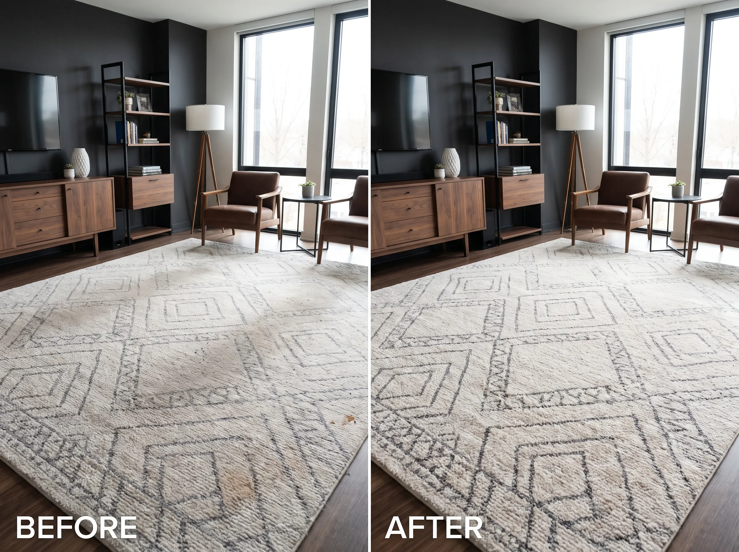 Before and after cleaning of a Moroccan-style area rug