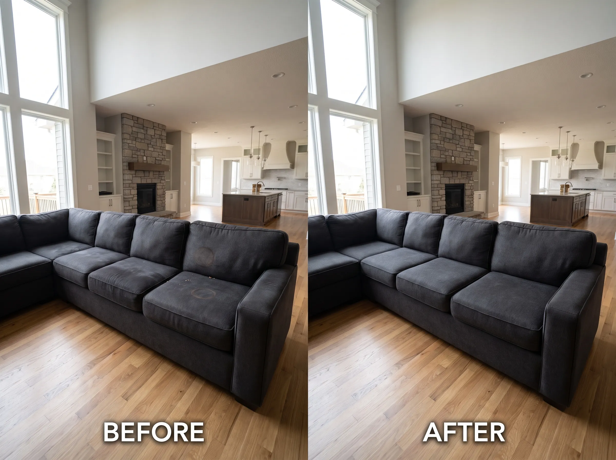 Before and after cleaning of a charcoal fabric sectional sofa